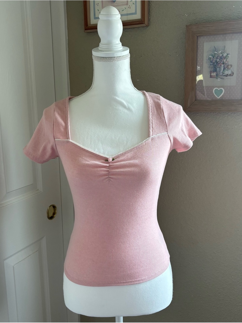 Women's Pink Square-Neck Ribbed Top